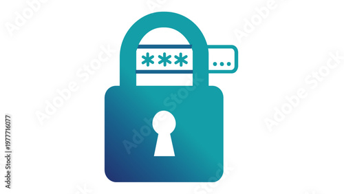 Cyber security vector icon illustration of a blue gradient padlock with a password field and asterisks, representing data protection, digital privacy, and secure login for websites and apps.