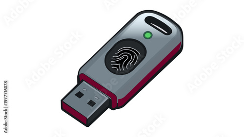 Vector illustration of a secure USB flash drive with an integrated biometric fingerprint sensor and green LED indicator, representing data protection, cyber security, and identity authentication.