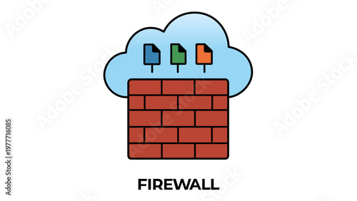 Secure Cloud Computing and Firewall Protection Vector Illustration Icon Featuring a Brick Wall Shielding Digital Documents and Data Storage in a Cloud Environment for Cyber Security Concepts.