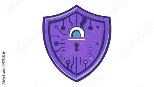 Cyber security vector icon illustration of a glowing digital shield with a central padlock and circuit board patterns, representing data protection, network safety, and secure tech infrastructure.