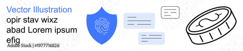 Digital security, identity verification, blockchain, cryptocurrency, online transactions, data protection. Blue shield with fingerprint, messages cryptocurrency coin. Digital security and identity