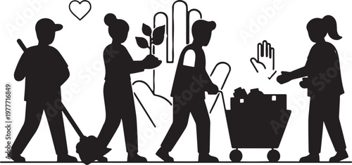 Community volunteers gardening and moving supplies silhouette icon