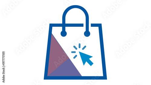 Online shopping bag vector icon illustration with a mouse cursor click symbol, featuring a vibrant red and blue gradient design, perfect for ecommerce websites and digital retail apps.