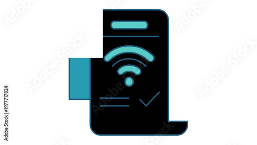 Minimalist flat vector icon illustration of a black digital receipt featuring a teal Wi-Fi signal symbol and a checkmark, symbolizing online payment, internet billing, or connectivity.
