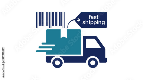 Fast shipping delivery truck vector icon with cardboard box, barcode, and tag label. Minimalist flat illustration for e-commerce logistics, express courier service, and global distribution.