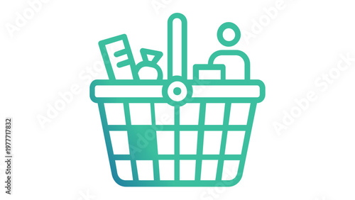 Minimalist ecommerce shopping basket vector icon illustration with grocery items, a bottle, and a user avatar symbol, ideal for online retail store mobile apps, web interfaces, and digital commerce.