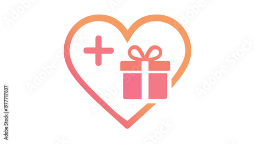 Vibrant pink and orange gradient vector icon illustration of a heart outline with a plus sign and a gift box, representing customer loyalty, rewards programs, and product reviews for ecommerce stores.