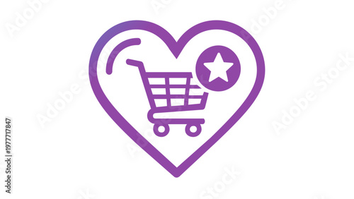 E-commerce product review vector icon illustration with a blue and purple gradient heart shape containing a shopping cart and a star rating symbol, ideal for online store UI and mobile apps.