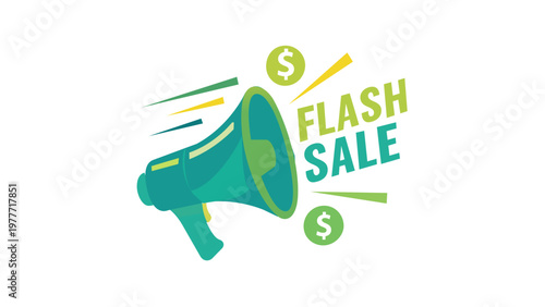 Vibrant green and yellow flash sale vector icon with a megaphone and dollar symbols, ideal for ecommerce promotions, retail marketing campaigns, and online store advertising illustrations.