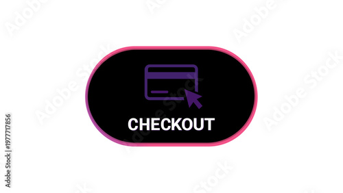 Modern vector icon illustration of a stylish checkout button for ecommerce stores, featuring a purple credit card graphic and cursor arrow on a black oval with a vibrant neon gradient border.