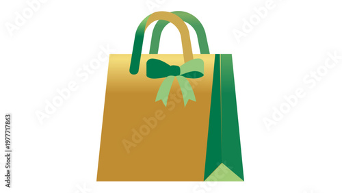 Golden shopping bag vector icon with a green bow and handles, ideal for ecommerce store branding, retail marketing, and online shopping apps. Minimalist flat design scalable illustration.