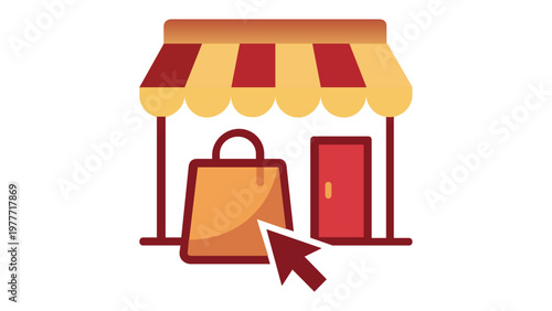 Online store vector icon illustration with a red and yellow striped awning storefront, shopping bag, and mouse cursor, representing e-commerce, digital retail, internet shopping, and business.