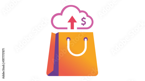 Colorful vector illustration of an ecommerce shopping bag icon with a cloud, upward arrow, and dollar sign, representing online store growth, cloud commerce, sales increase, and digital retail.