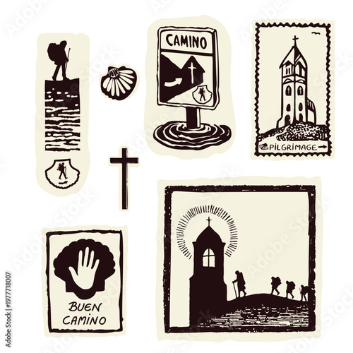 Simple pilgrims way scallp shell waymarker. European modern pilgrimage signpost for camino de compostela. Backpacker icon for trail route directional journey travel sign. Isolated on white background.