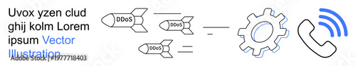 Cybersecurity, DDoS attacks, system defense, data protection, online security, network threats. Missile-thumbs up icons labeled DDoS aimed at a gear and phone icon. Cybersecurity and DDoS attack