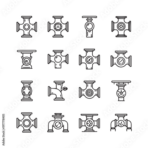 Plumbing valve and pipe fittings collection in clean line art style