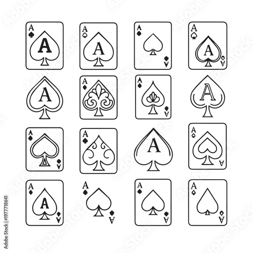 Set of Ace of Spades playing cards in a grid arrangement with clean outline style