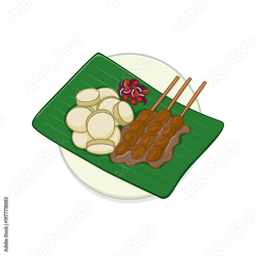 Indonesian Satay Skewers with Lontong and Peanut Sauce Illustration