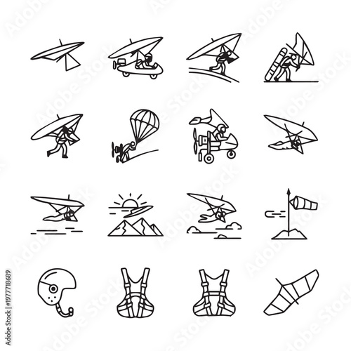 Set of minimalist line art icons representing hang gliding and paragliding sports and equipment