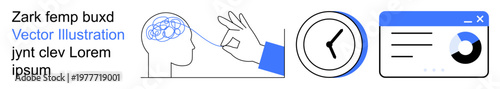 Brain research, time tracking, data analysis, productivity tools, cognitive science, planning solutions. Hand touching a head, clock data chart. Brain research and time tracking illustrated