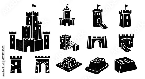 A set of black sand castle vector icons on transparent background