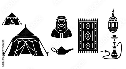 A set of black and white vector graphics depicting Middle Eastern icons on transparent background