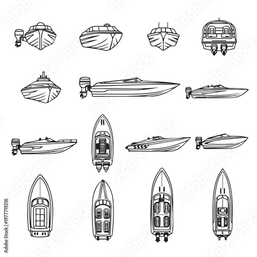 Various Motorboat Designs in Outline Style for Nautical Themes
