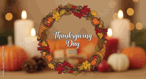 Thanksgiving Day greeting card with autumn wreath, festive fall background with pumpkins and candles, seasonal holiday banner with cornucopia