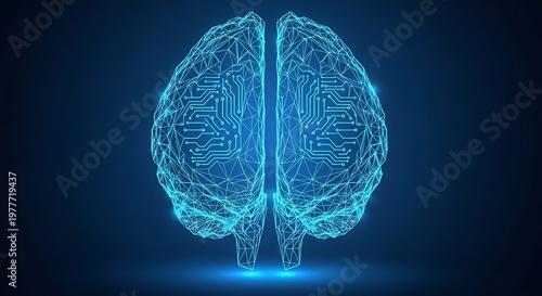 A glowing, stylized brain comprised of interconnected lines and circuitry, against a dark blue backdrop
