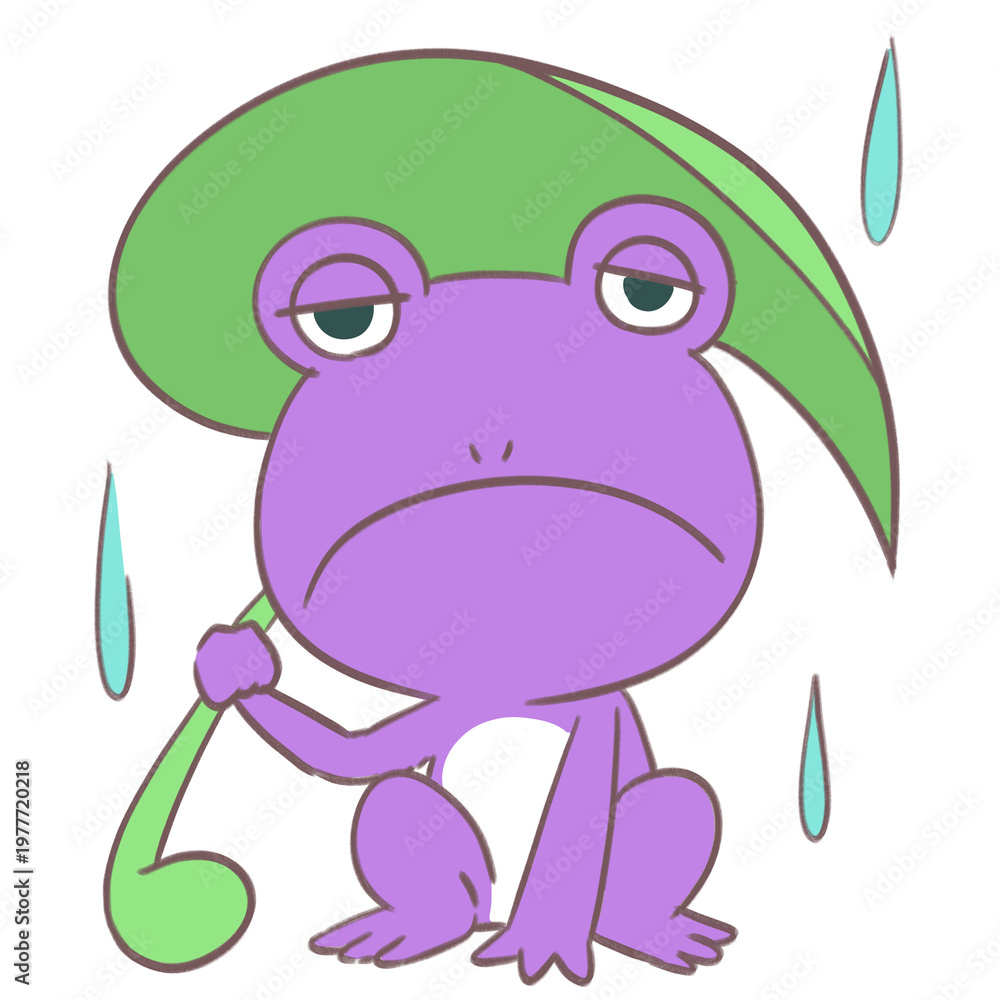 Fototapeta premium Sad Purple Frog Cartoon Character Holding Leaf Umbrella in Rain
