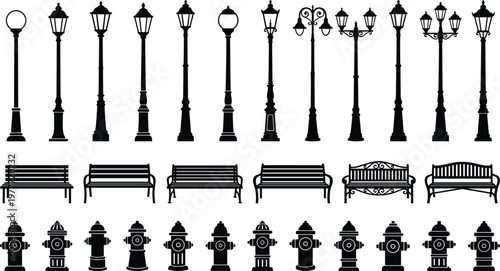 Black silhouette vector icons set of vintage street lamp posts, classic park wooden benches, and city fire hydrants isolated on white background