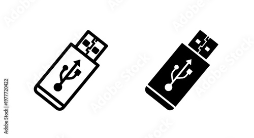 Vector illustration of usb flash drive icons set, outline and solid style on a transparent background