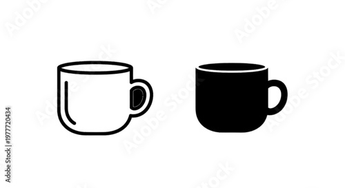 Vector illustration of set of two coffee cup icons, outline and solid style on a transparent background
