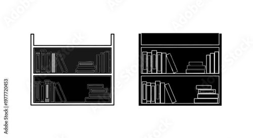 Vector illustration of two bookshelves with books in line and stacked, vector illustration on a transparent background