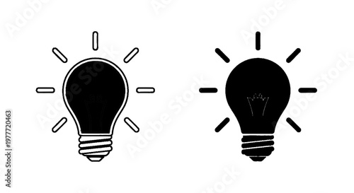 Vector illustration of set of light bulb icons, outline and silhouette style on a transparent background