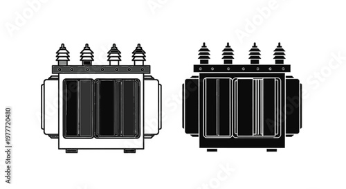 Vector illustration of electric power transformer icon set, high voltage equipment on a transparent background