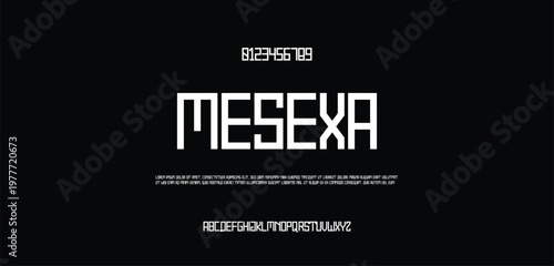 Tech font, digital alphabet, thin Latin letters A, B, C, D, E, F, G, H, I, J, K, L, M, N, O, P, Q, R, S, T, U, V, W, X, Y, Z and Arab numerals 0, 1, 2, 3, 4, 5, 6, 7, 8, 9 made in design cyber future