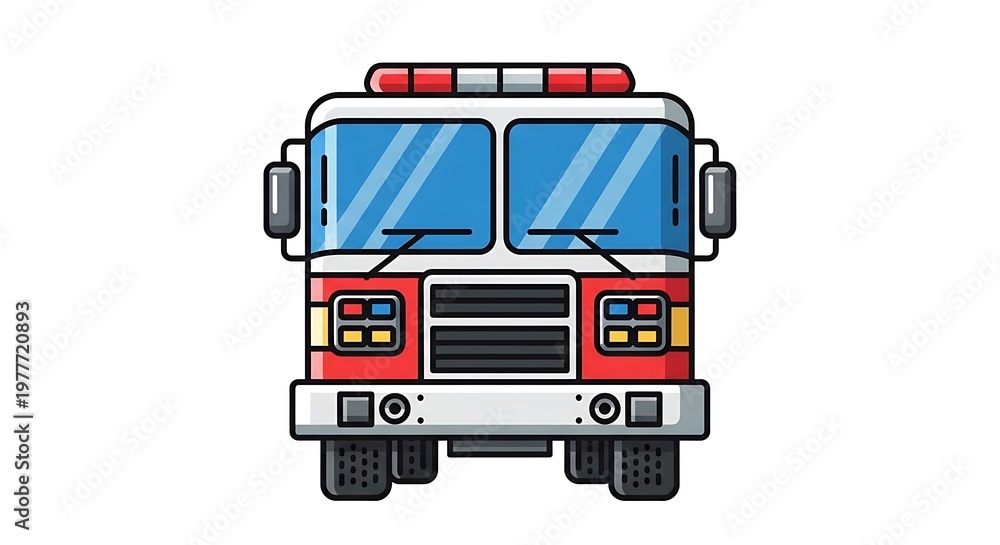Fototapeta premium Front-facing cartoon illustration of a firetruck, red with white top, on a white background