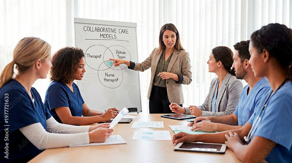 Fototapeta premium A woman presents a collaborative care model to a group of healthcare professionals in a meeting room