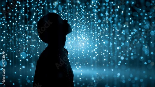 Explore different silhouettes in blue rain-like lights during a captivating moment at night in a calm urban setting