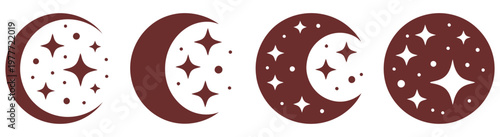 moon vector icon collection with crescent, half, and full moon variations, accompanied by sparkling starlight effects, representing night, magic, and celestial themes, clean modern flat design