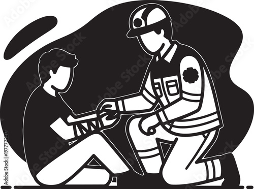 Paramedic providing first aid treatment to injured person on ground