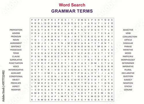 Word search puzzle with English grammar terms. Educational vector illustration for language learning.