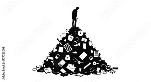 man standing on pile of technology and media items