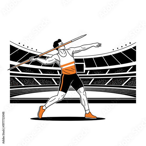 Javelin throw athlete in stadium, track and field sport illustration