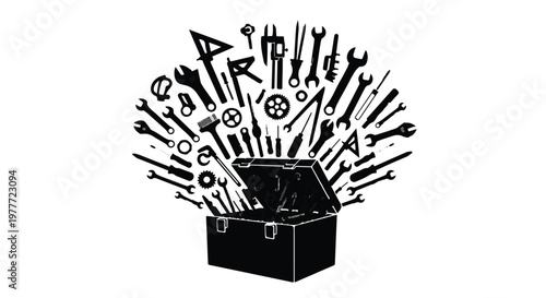 Toolbox chest filled with various tools exploding out