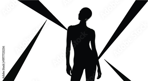 Black silhouette of a woman with spotlight beams