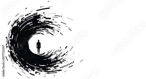 man standing alone in abstract swirling tunnel