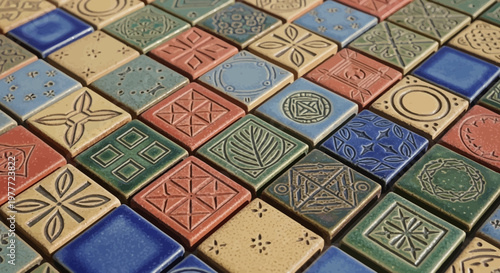 Colorful Ceramic Tiles with Embossed Geometric Patterns, Close-up View