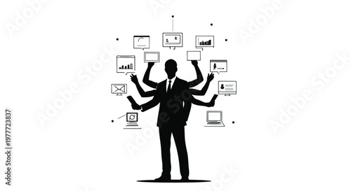multitasking businessman with many arms holding devices